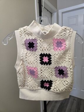 Zara Cream Crochet Sleeveless Mock Neck